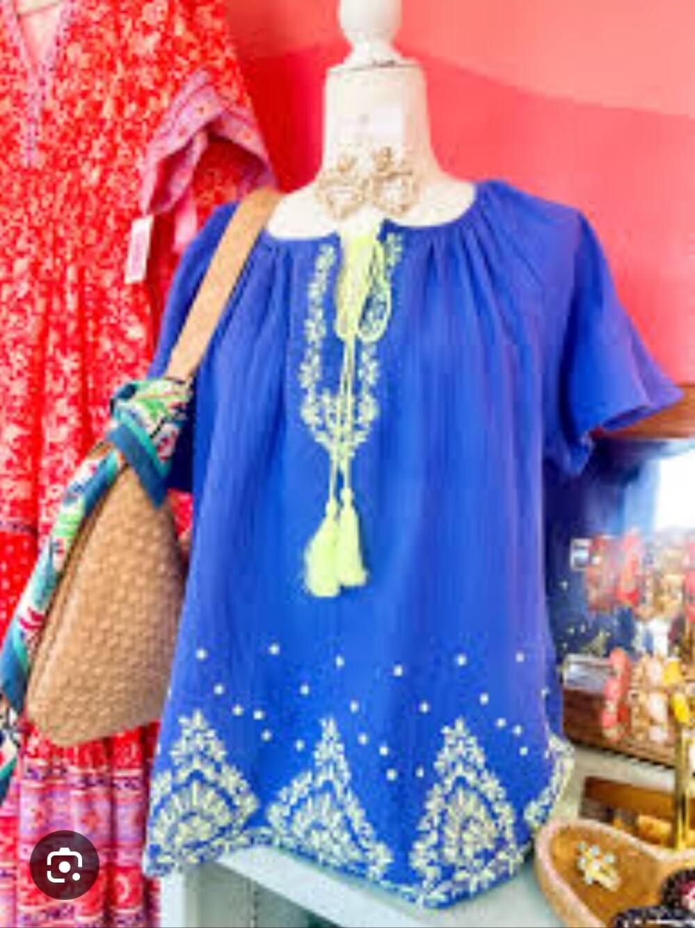 Easel Floral Embroidered Tassel Top